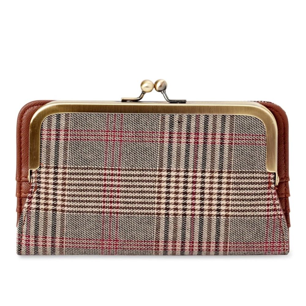 NWT Time & Tru Plaid Faux w Leather Trims Wallet Change Purse Kiss Lock Closure